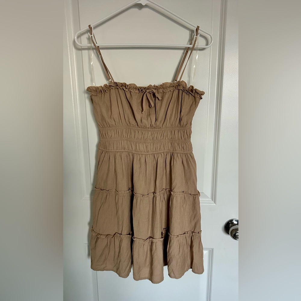 Khaki Ruffled Shoulder Strap Dress